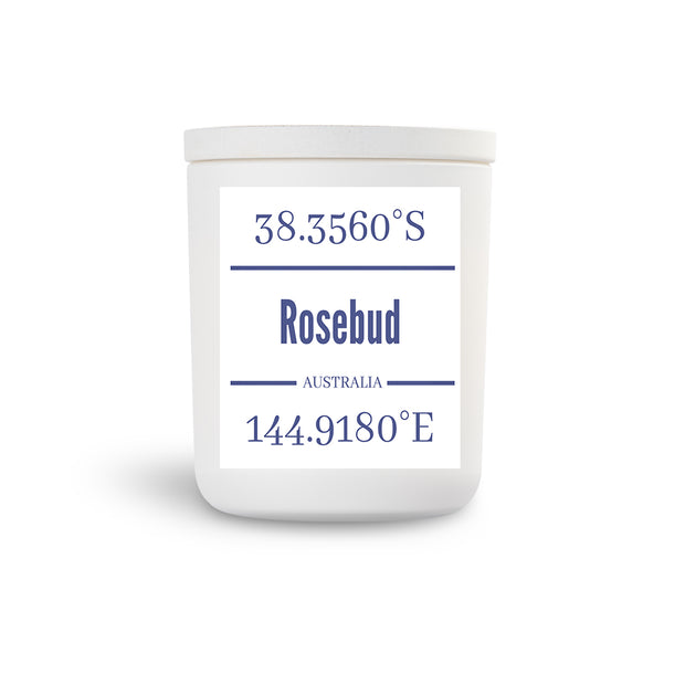 The ROSEBUD VIC true north candle.  Available in White Vessel with White Washed Lid OR Amber Vessel with Amber Lid - Perfect souvenir